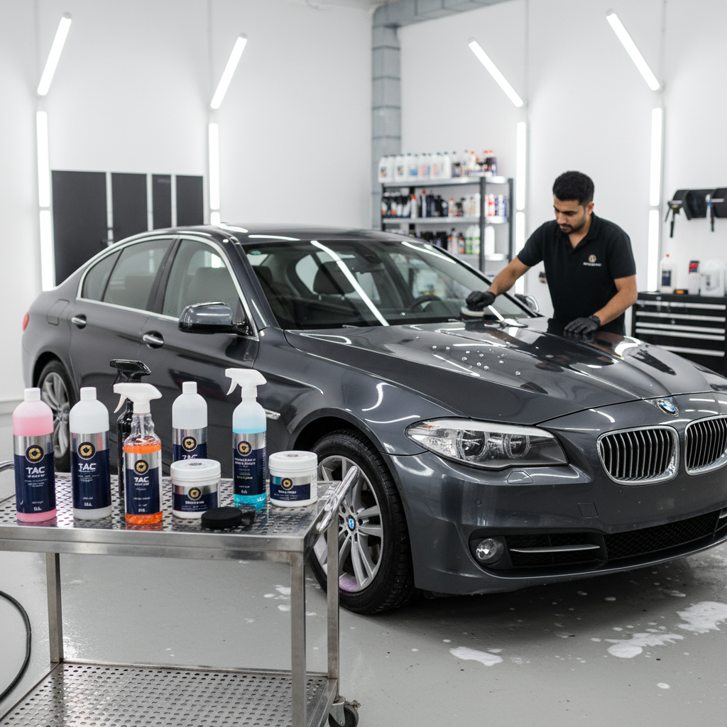 A car in the background of detailing products. 