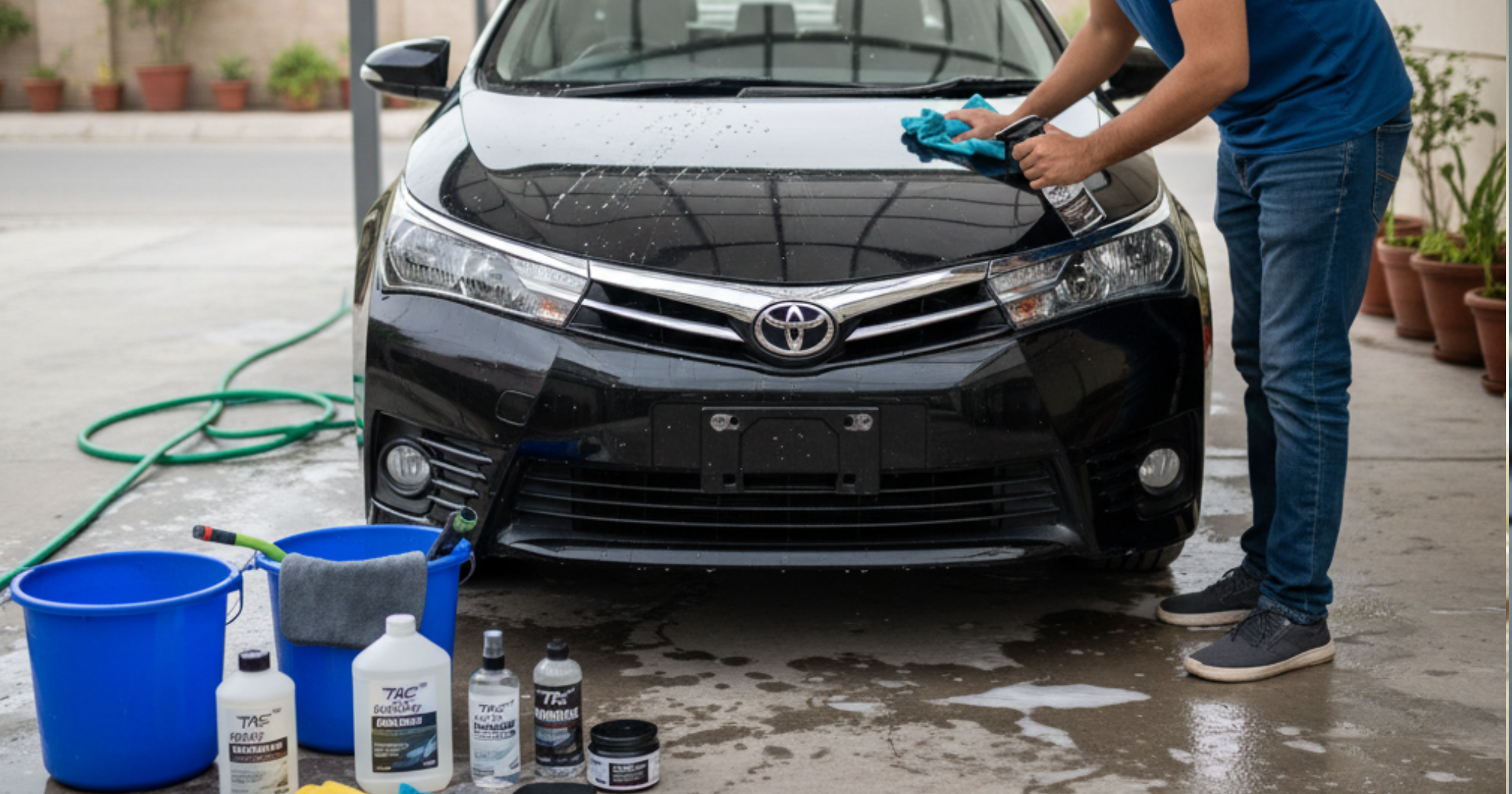 A blog banner image showcasing a car owner using TAC detailing products. 