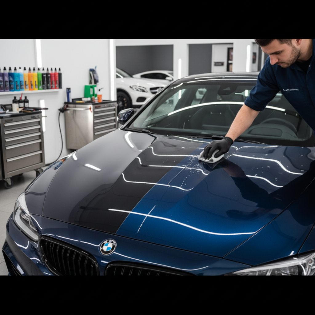 A blog banner showing a technician applying ceramic coating to a car.